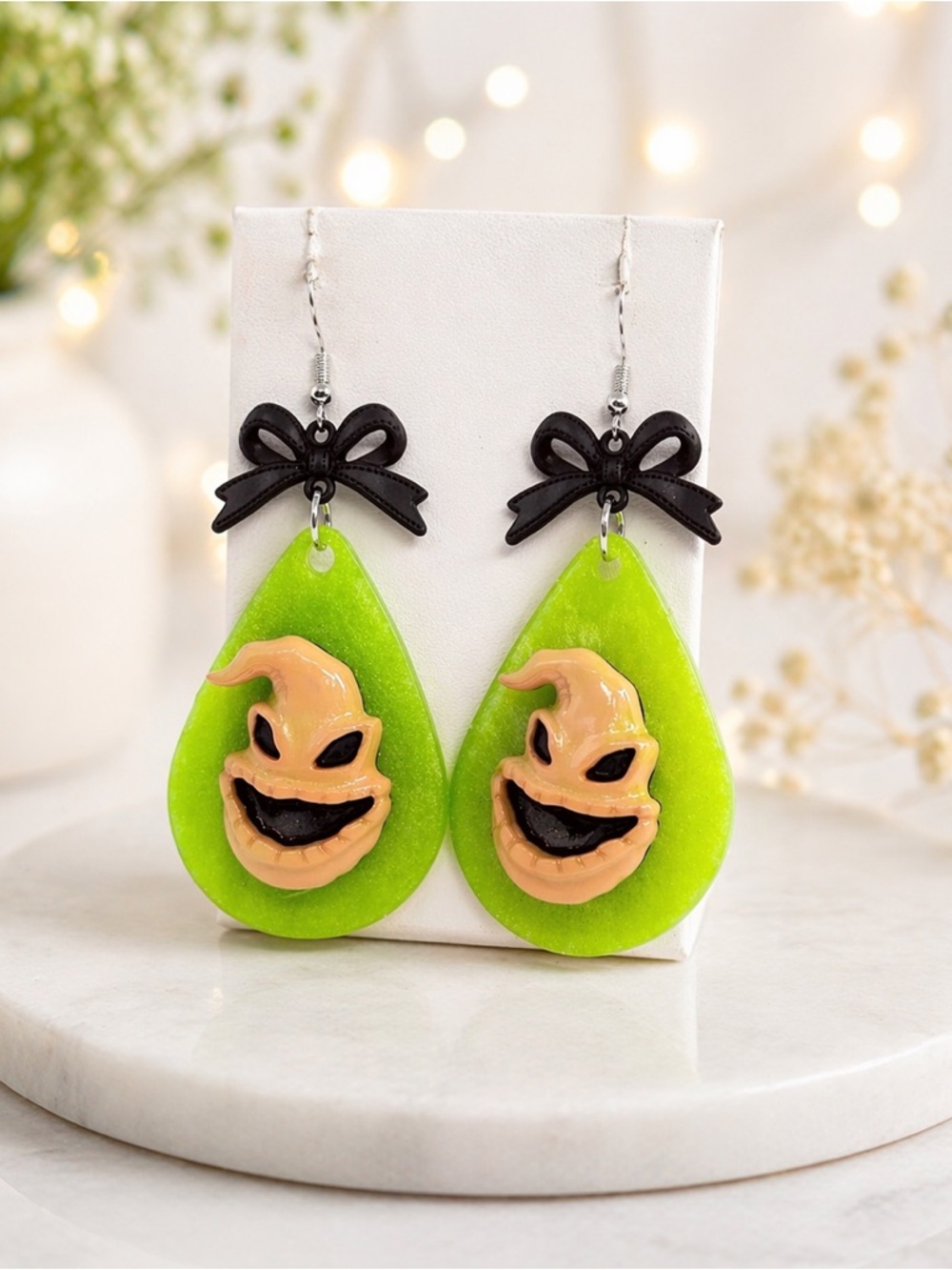 Oogie Inspired Handcrafted Neon Green Ghost Drop Earrings with Black Bow